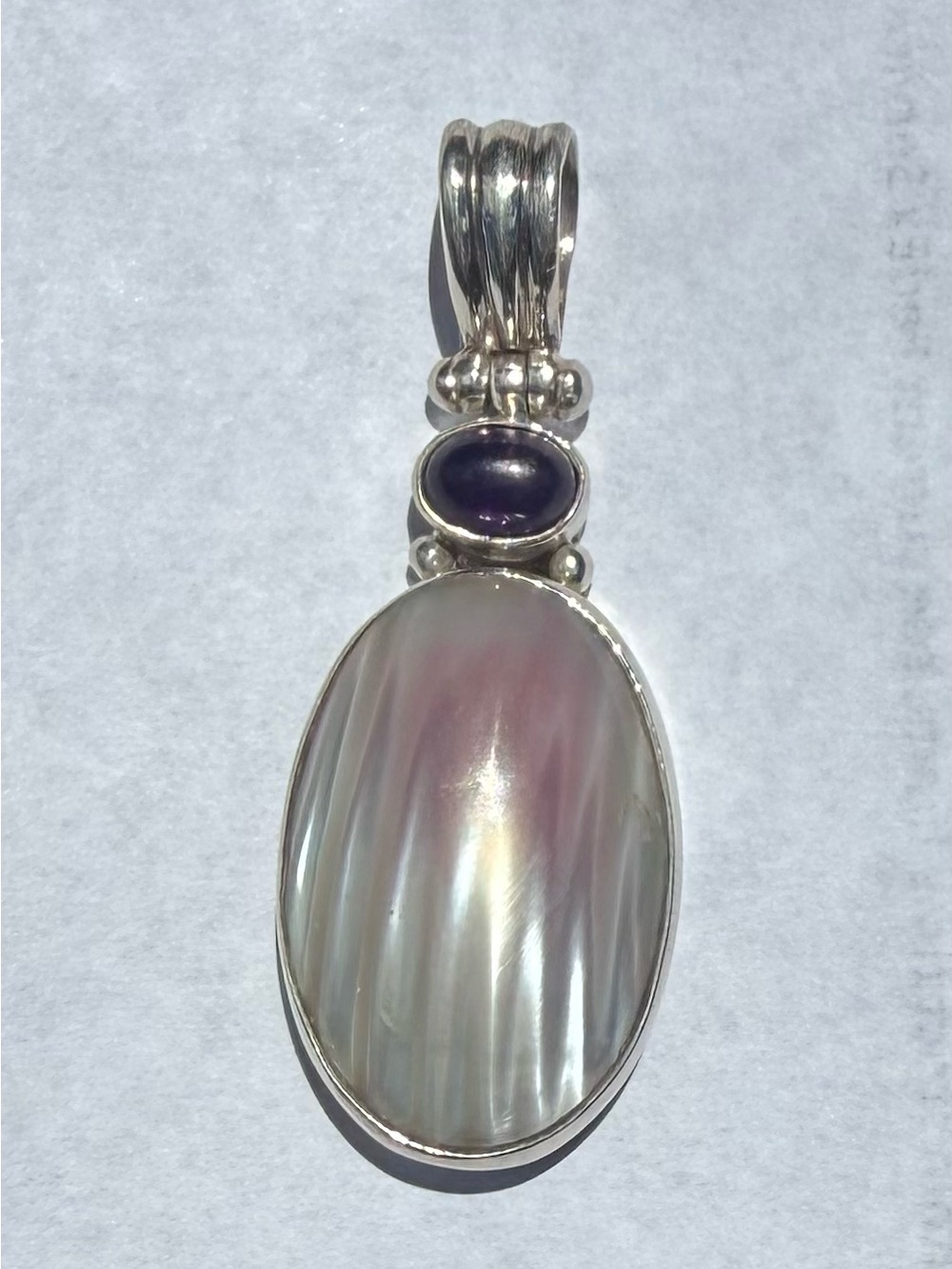 Sterling Silver Mother of Pearl & Amethyst Pendant - Iridescent White